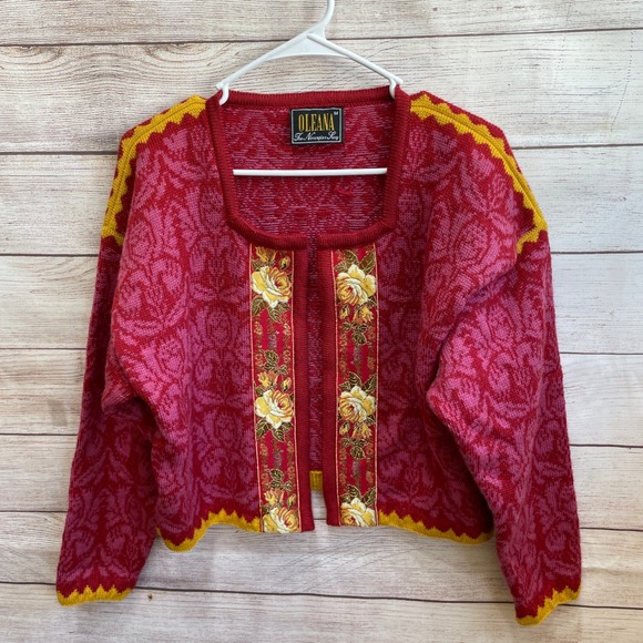 OLEANA PINK AND RED FLORAL‎ OPEN FRONT CARDIGAN SWEATER WITH BROCADE RIBBON TRIM - Picture 4 of 8